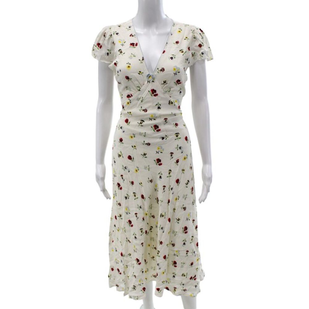 Gap x Doen Women Wrap Dress Ivory Rayon V Neck Short Sleeve Mid Calf Size 6
